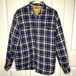 Wrangler Sherpa Lined Flannel Shirt Jacket Size Large Blue Plaid Workwear Chore